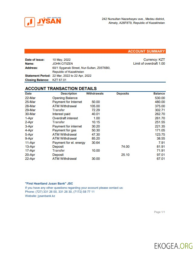 Relevé de la First Heartland Jusan Bank du Kazakhstan xls